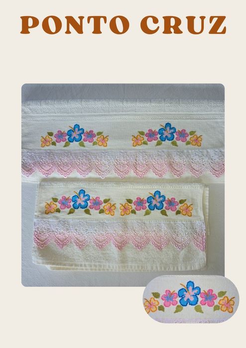 Jogo de toalhas (banho e rosto) bordadas em ponto cruz
