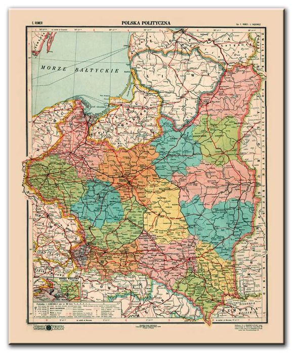 Mapa: Polska II Rzeczpospolita 1939 r. Płótno na blejtramie 50x40 cm.