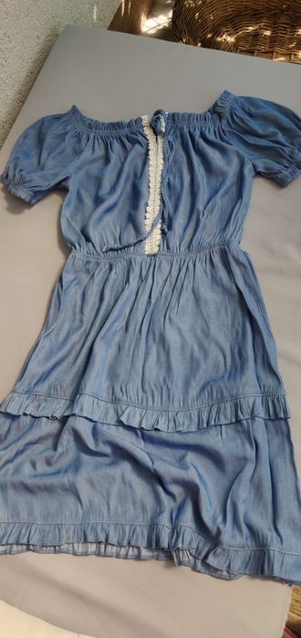 Sukienka M L uni tencel ala jeans koronka gipiura hiszpanka