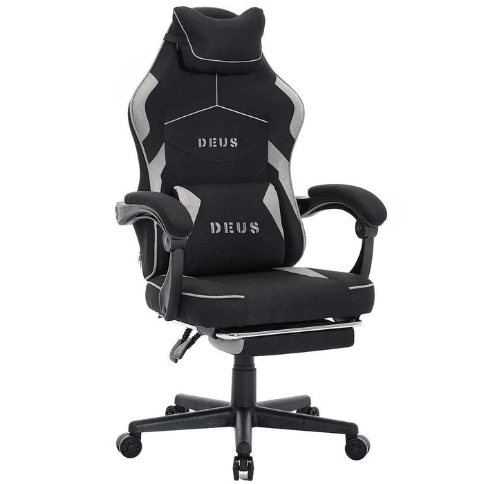 Fotel gamingowy DEUS EDGE Czarny z tkaniny, podnóżek, miękkie kółka