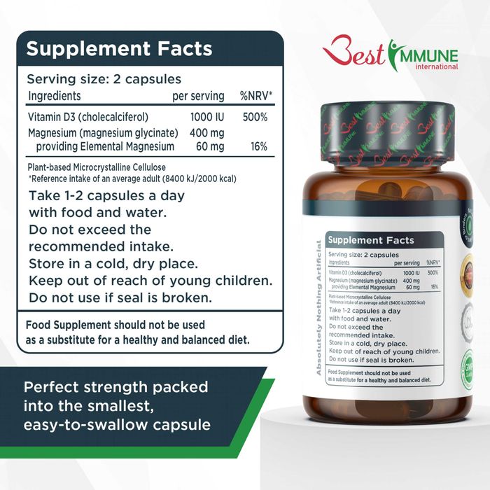 Glicynian Magnezu 400mg Witamina D3 1000IU Naturalny Biodostępny