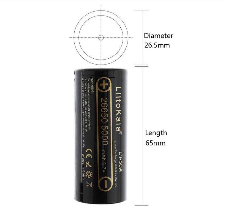 Аккумулятор Li-Ion 26650 LiitoKala Lii-50 5000mAh 3,7v высокоёмкий без защиты с плоским контактом до 25A