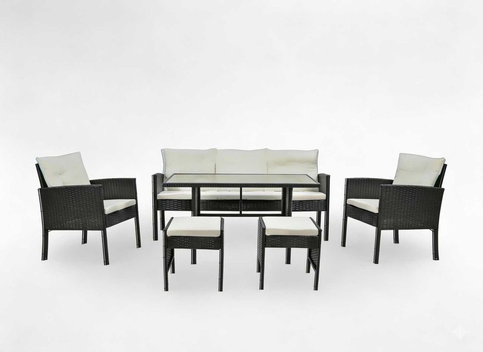 Zestaw mebli ogrodowych tarasowych sofa stół 2 krzesła 2 pufy czarny