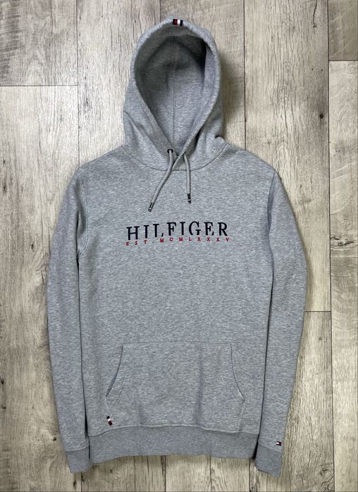 Tommy Hilfiger кофта балахон XL размер на флисе серая с принтом