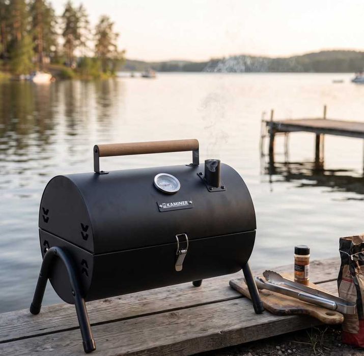 Grill Węglowy Ruszt Termometr Komin Przenośny Turystyczny z Pokrywą XXL Czarny