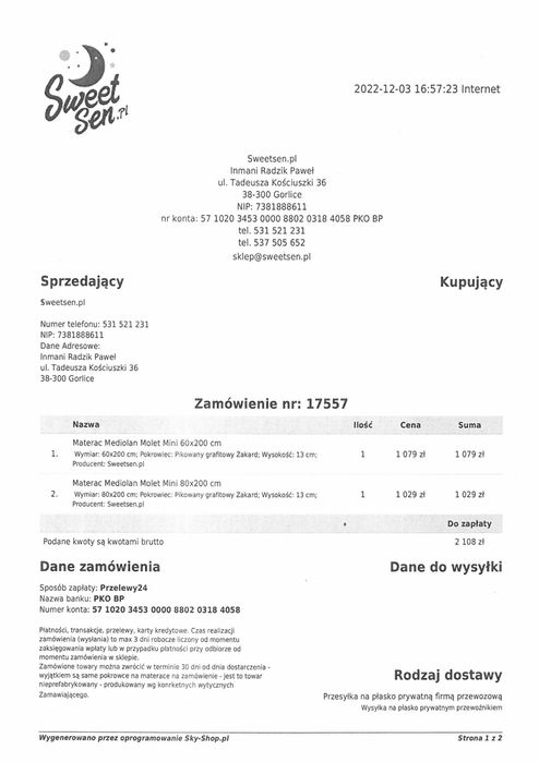 Materac 80*200 super stan - firma Sweetsen