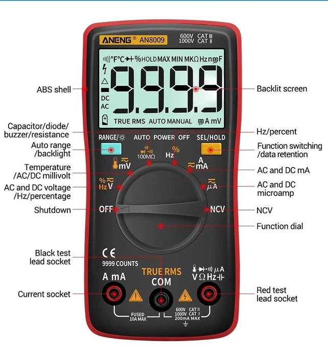 Мультиметр цифровой ANENG AN8009 Pro Red Full Kit,  полный комплект