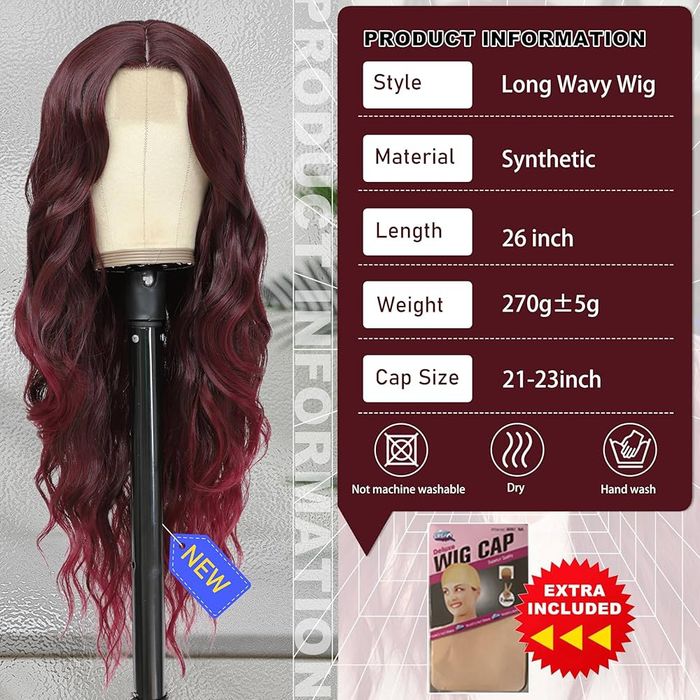 BUPPLER Cosplay Długa Burgundia Peruka Syntetyczna 71cm