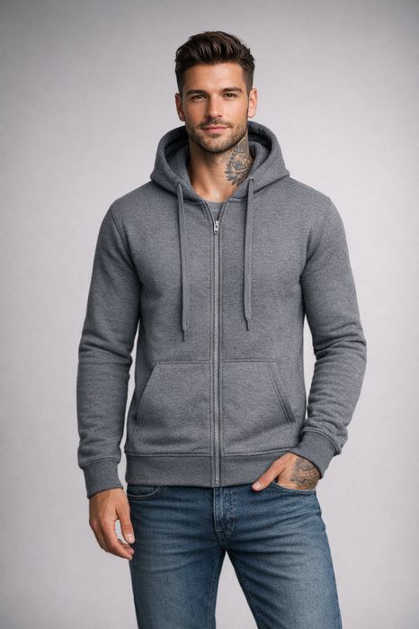 Bluza Męska - Kolor Ciemnoszary - Z Kapturem Oraz Zapinana Na Zamek