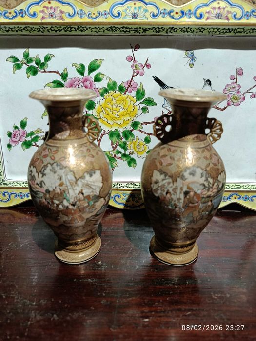 Jarras Vasos Satsuma Imperial Séc XIX 11,5 cm Assinados Hattori