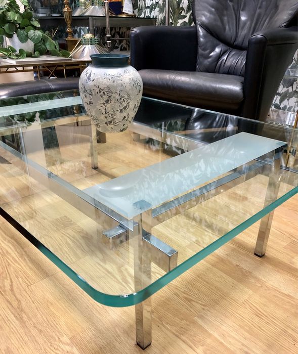 Designerski prostokątny stolik kawowy chrom+szkło