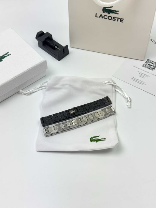 Браслет LACOSTE Лакост широкий сталевий браслет крокодил срібний сірий чорний
