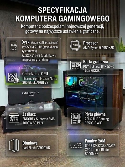 Komputer Ryzen 9 9950x3D RTX 5080 64GB RAM DDR5 1TB M2 + 1TB SSD