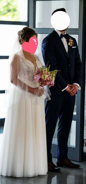 Suknia ślubna  A-line księżniczka brokat tiul regulowany gorset S/M glamour ivory