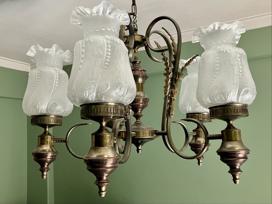 Vintage Brass Ceiling Lamp with Frosted Glass Tulip Shades