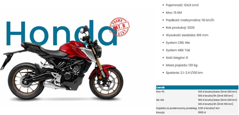 HONDA CB125R kat. B - WYNAJEM - od 149 zł/doba, od 109 zł/4h