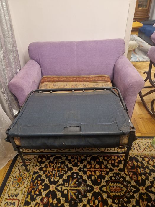 Sofa  PRL " amerykanka",nowa tapicerka, rozkładana, liliowa!