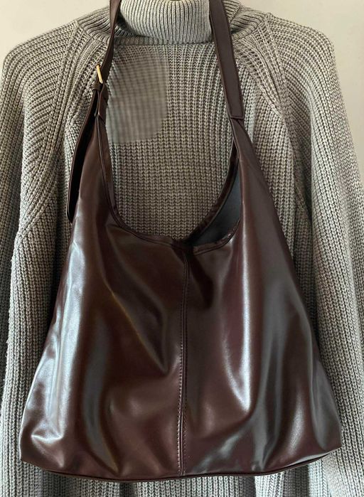 Czekoladowa brązowa torba na ramie skóra eko pojemna shopper hobo