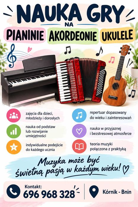 Korepetycje muzyczne - nauka gry pianino, keyboard, akordeon, ukulele