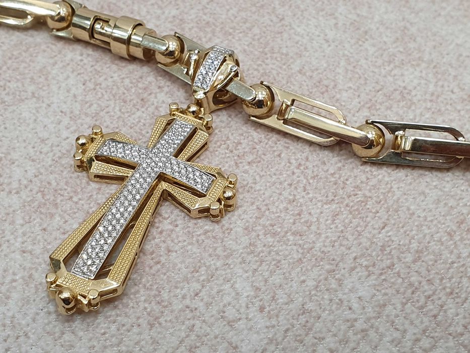 Złoty Łańcuch+KRZYŻ "KC" Z Diamentami-128szt,Waga-121gr.EKSLUZYWNĄ-14K
