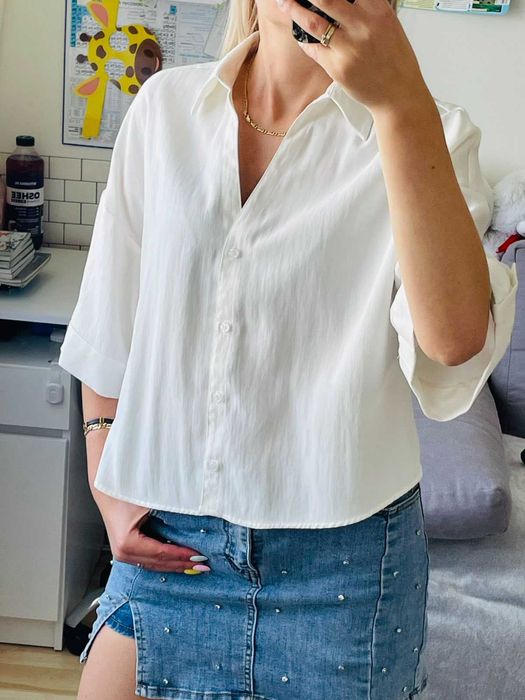 Zara koszula damska wiskozowa ecru XS S M oversize krótki rękaw minimalistyczna basic