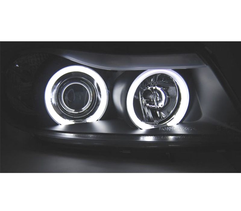 FARÓIS BMW E90 4P 05-08 ANGEL EYES CCFL FUNDO PRETO