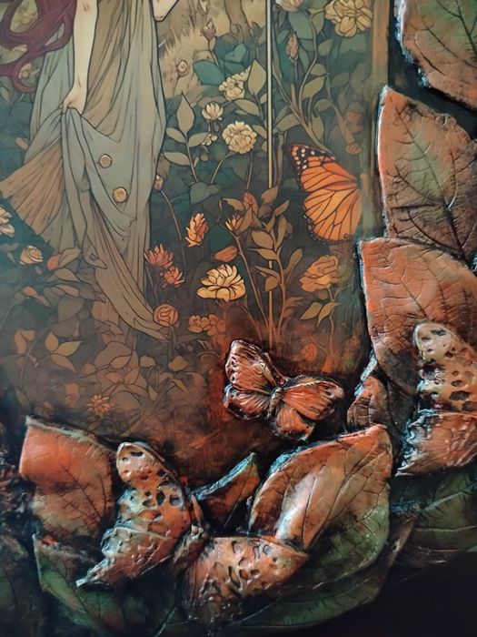 Ręcznie wykonany obraz na desce, panel dekoracyjny z ceramiką