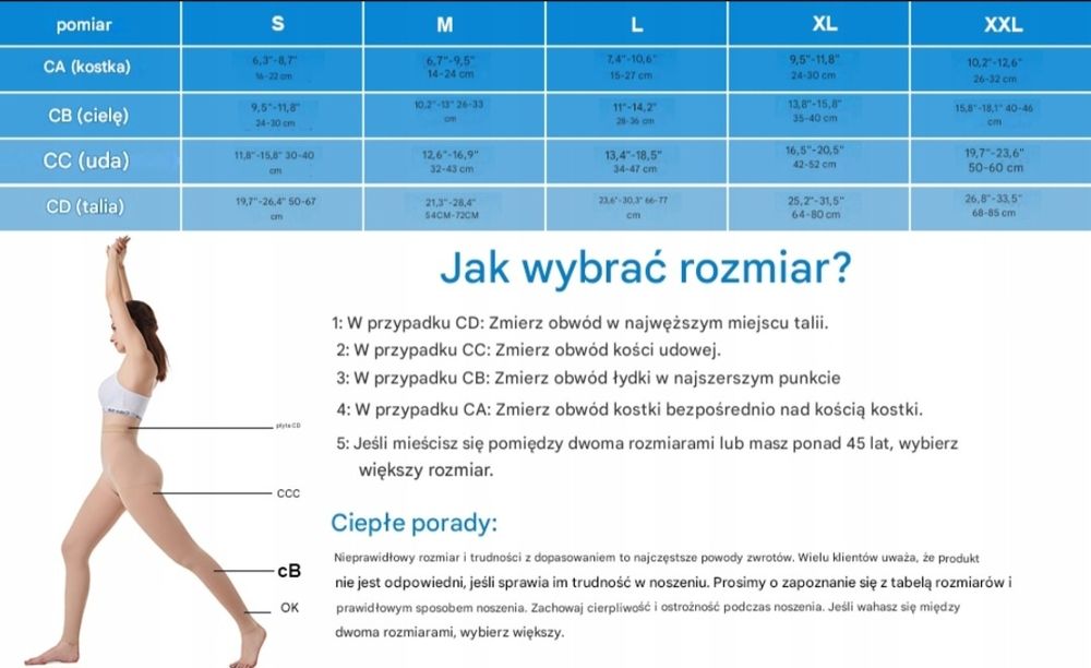 Rajstopy kompresyjne 20–30 mmHg klasa 2 bez palców pończochy medyczne