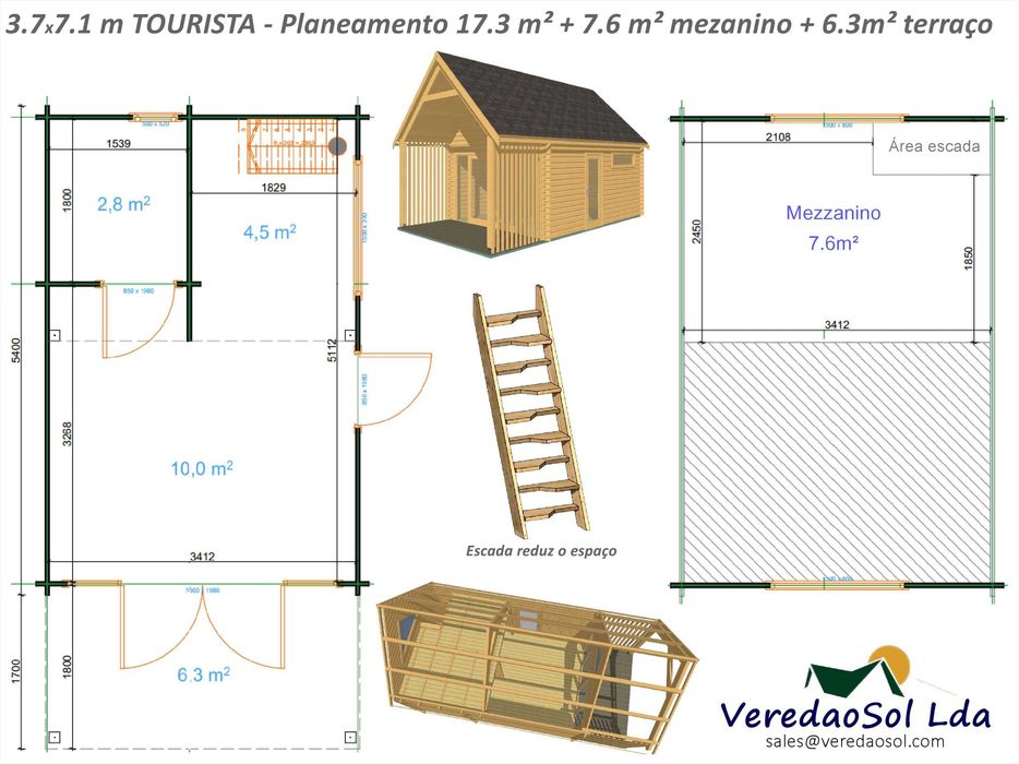 KIT Casa madeira TOURISTA 44mm 29m² - c.d. Banho - Mezanino - Terraço