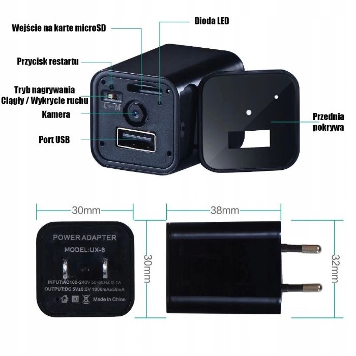 Kamera w zasilaczu ŁADOWARKA USB UKRYTA szpiegowska zasilacz MC45D