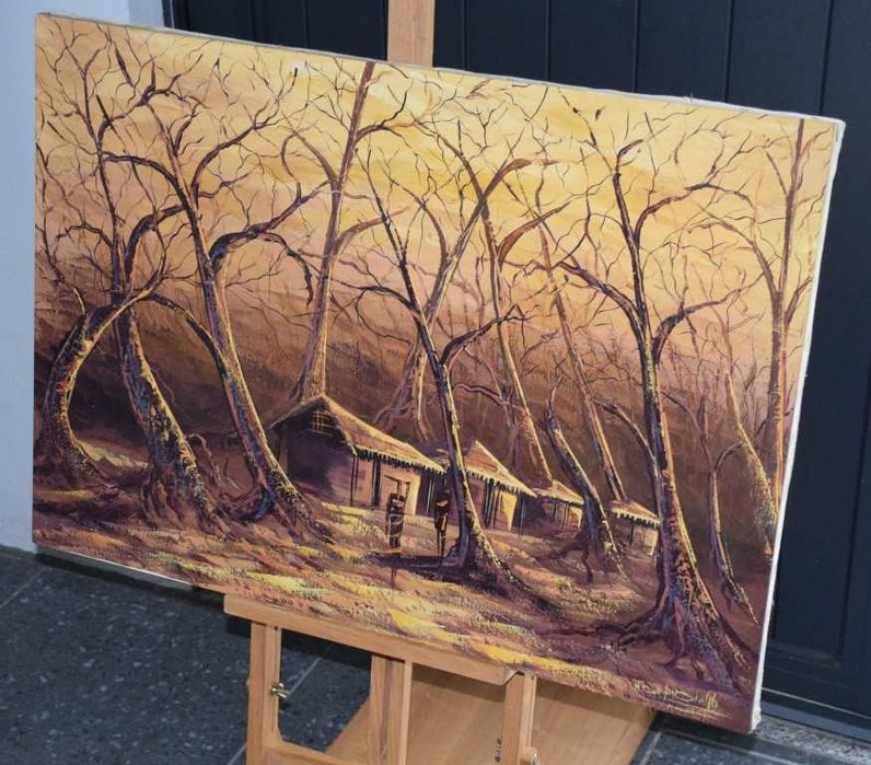 Quadro africano (Angola) pintado a tinta de óleo – Cubatas na Floresta – 1997