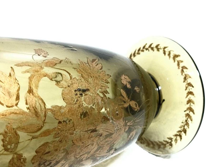 Rara jarra antiga em vidro fumado pintura floral à mão