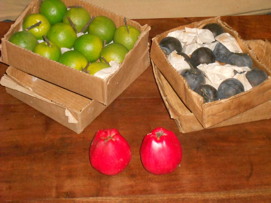 Frutas artificiais decorativas antigas ameixa maça laranja - conjunto