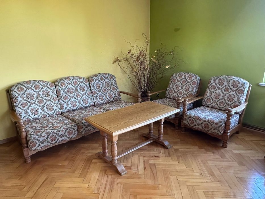 Komplet wypoczynkowy dębowy rustykalny kanapa fotele stolik