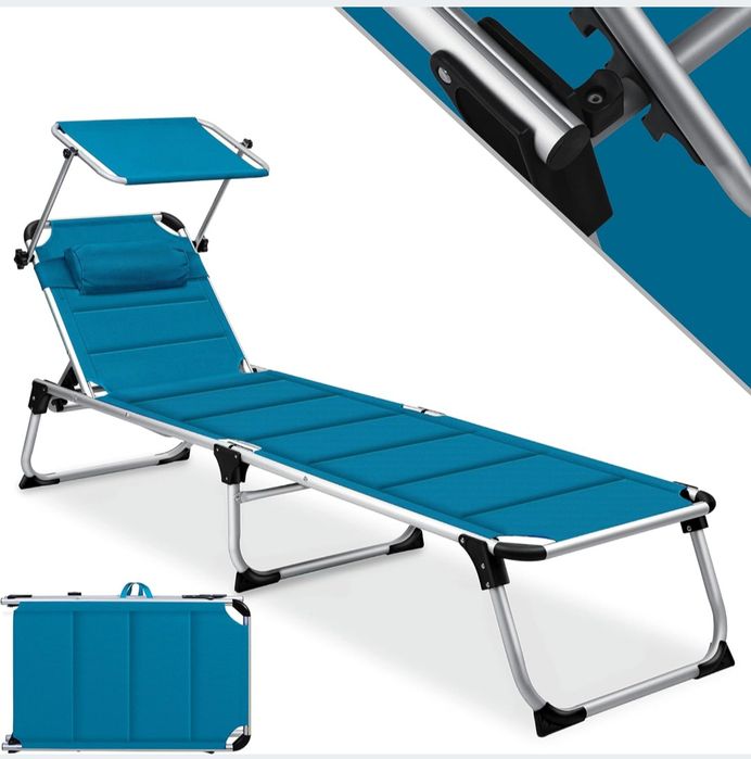 Leżak aluminiowy z regulowanym oparciem i daszkiem odcień błękitu Podu