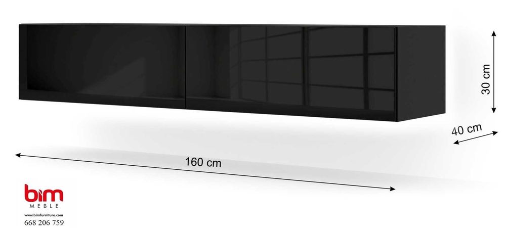 Minimalistyczna szafka RTV wisząca BINGO 160 cm czarny połysk