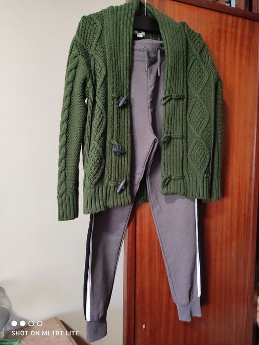 Casaco de malha verde calça fato de treino