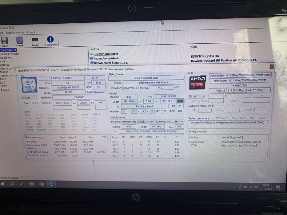 HP Pavilion g6 i7 3520 radeon 7670 8 GB ram dysk 320 hdd idealny stan
