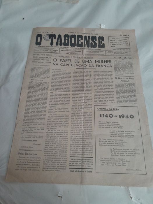 Jornal  O Taboense  dia 1 de Novembro de 1940
