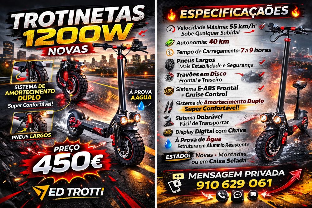 Trotinetas 1200w – Novas! Não trabalho com usados.