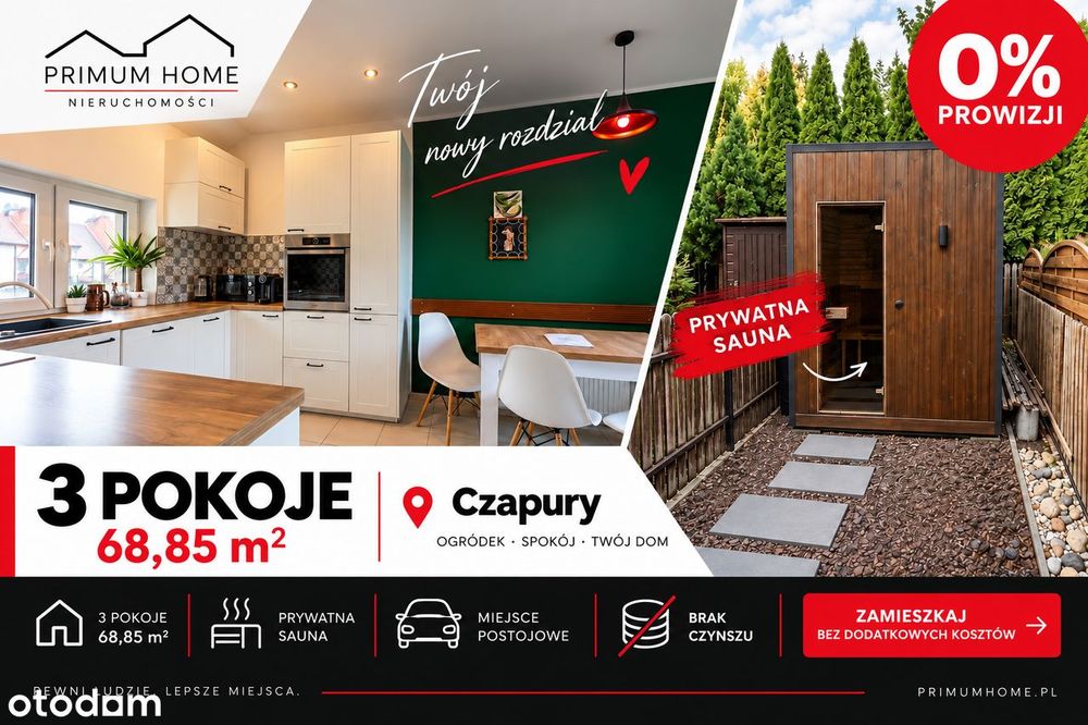 68,85 m2 | 3 pokoje + ogródek i PRYWATNA SAUNA | Czapury