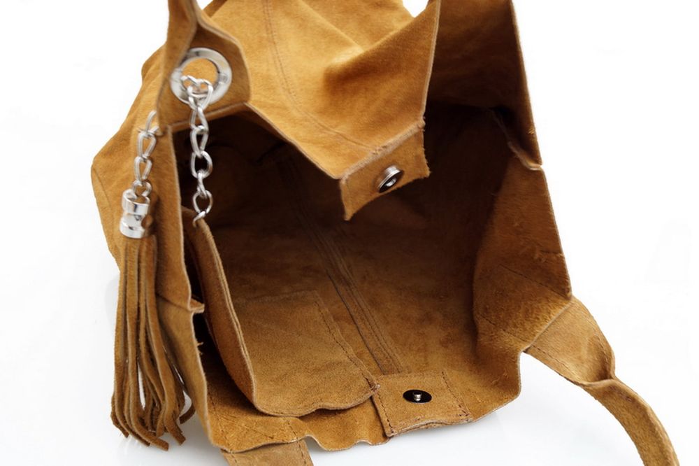 VERA PELLE torebka zamszowa worek shopper z saszetką V093 c.brązowa