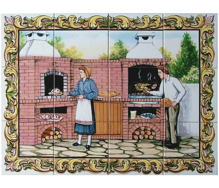 Painel de Azulejos 60x45CM CHURRASQUEIRA Sardinhas Forno Quadro Imagem