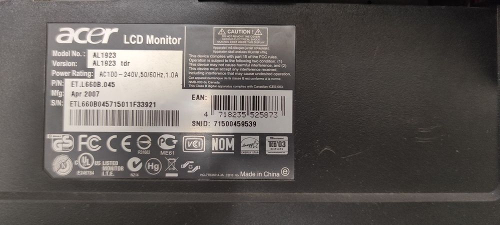 Монітор Acer al 1923 на відновлення / запчастини
