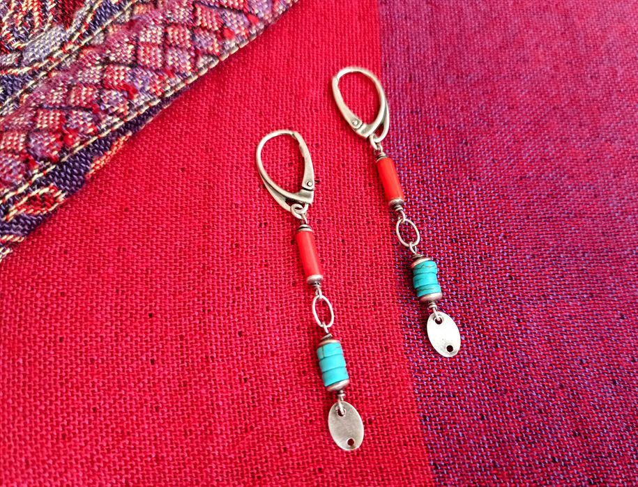 Kolczyki długie, turkus i koral, srebro oksydowane