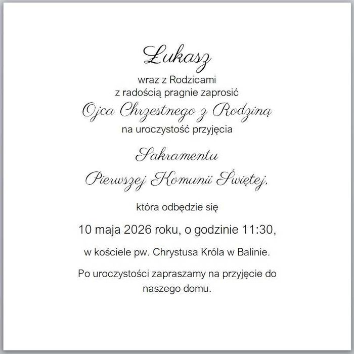 Zaproszenie na Pierwszą Komunię Świętą, komunijne
