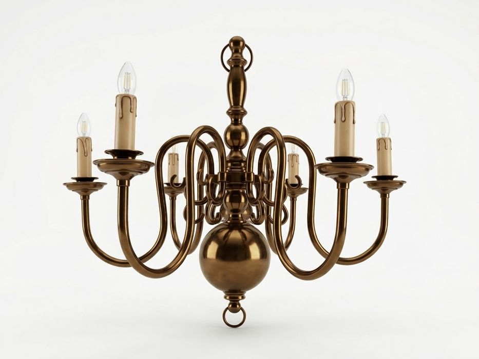 A brass chandelier and 2 sconces with 2 candle-shaped bulbs.