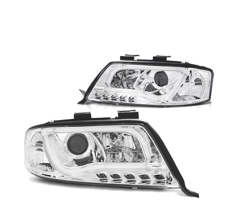 FARÓIS COM LUZ DIURNA LED TFL AUDI A6 4B 01-05 FUNDO CROMADO