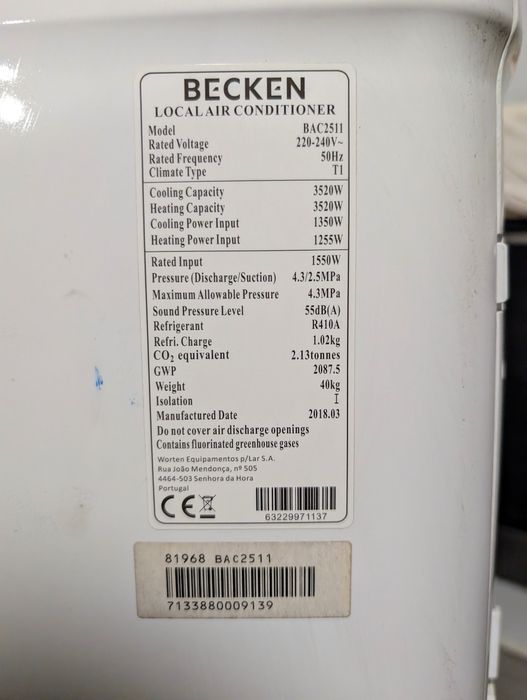 Ar Condicionado Portátil BECKEN BAC2511 (24 m² - 12000 BTU - Branco)