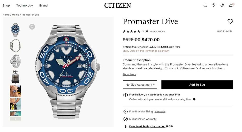 Спецсерия Orca 200м японские мужские часы Citizen Eco-Drive BN0231-52L